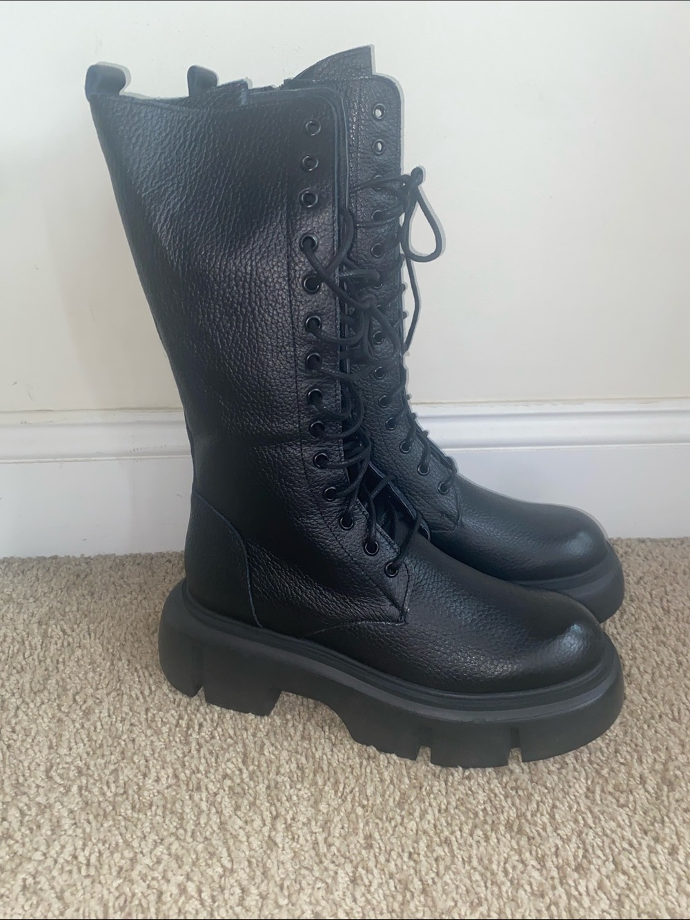 Genuine Leather Lace-Up Chunky Combat Boots